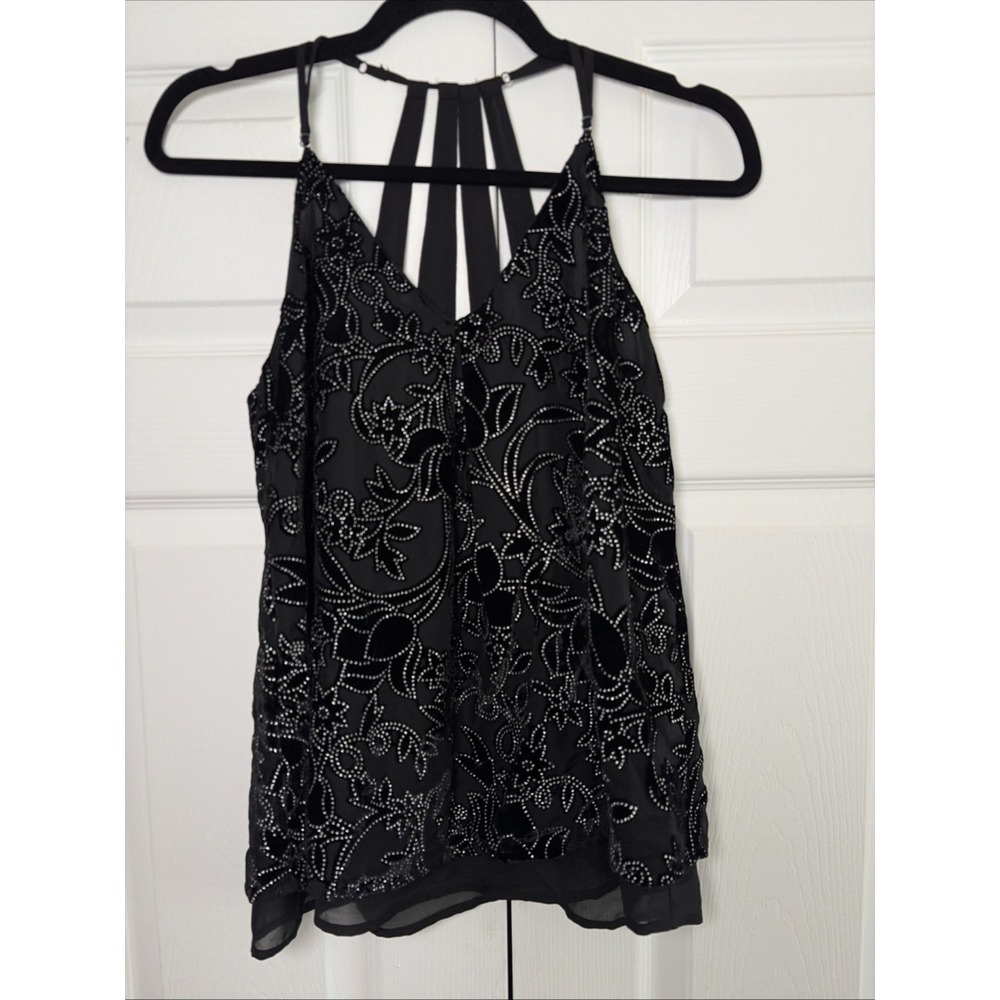 Lucky Brand Burnout Velvet Cami Womens Size M Black Floral Strappy Cage Back Top